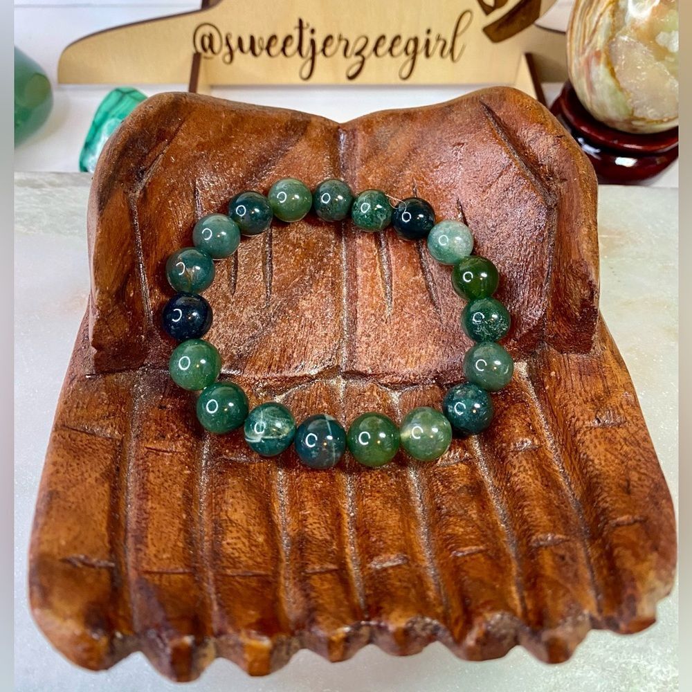 Green Moss Agate Wisdom Stone Round Bead Unisex Stretch Bracelet